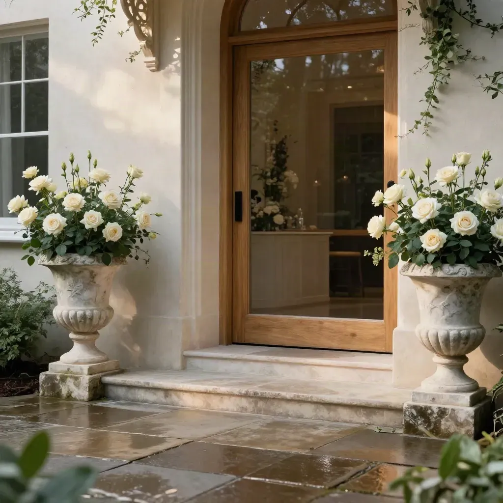 Garden venue threshold with floral urns, sage greenery and wet paving under soft light.
