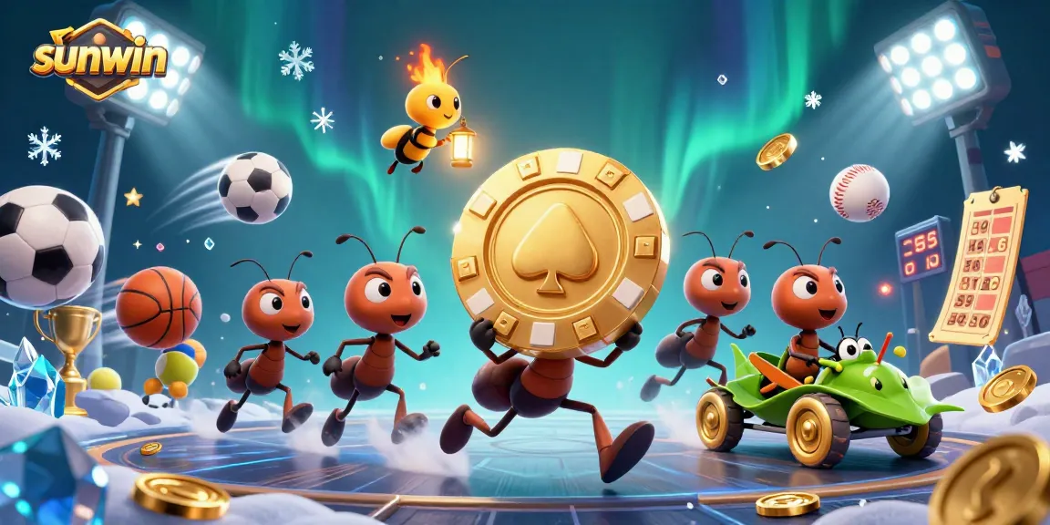 sunwin's team of ants executing a heist with a giant poker chip, showcasing exciting gambling action