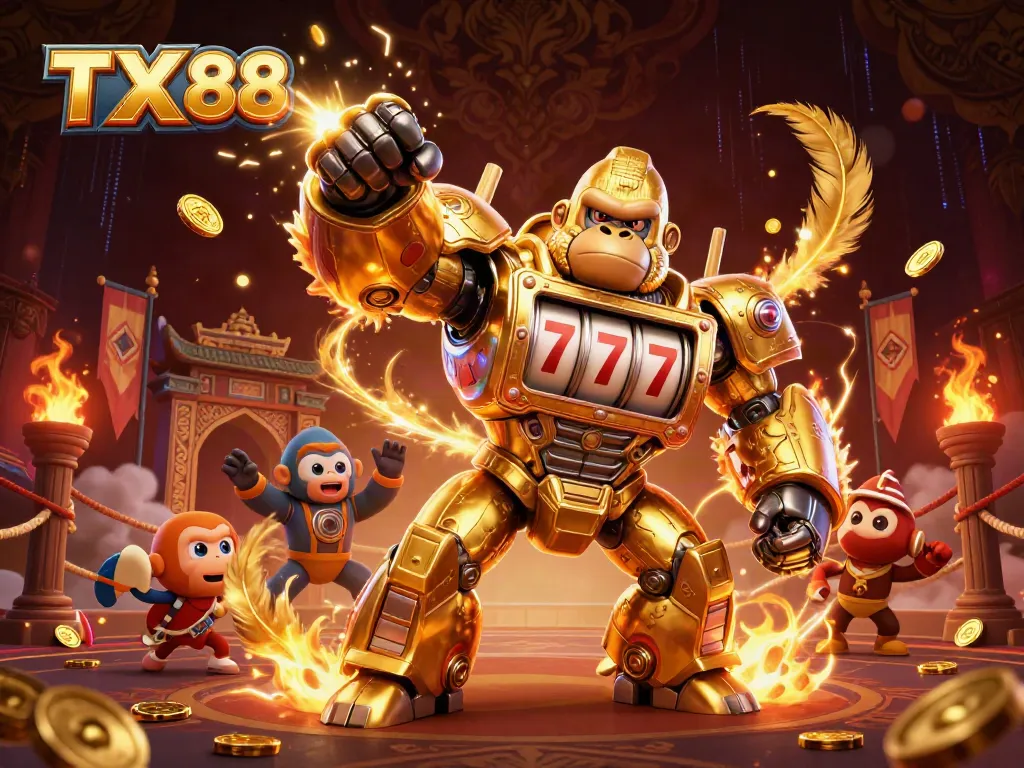 Engage with TX 88's thrilling gaming experience embodied by a golden mech gorilla amidst casino elements.