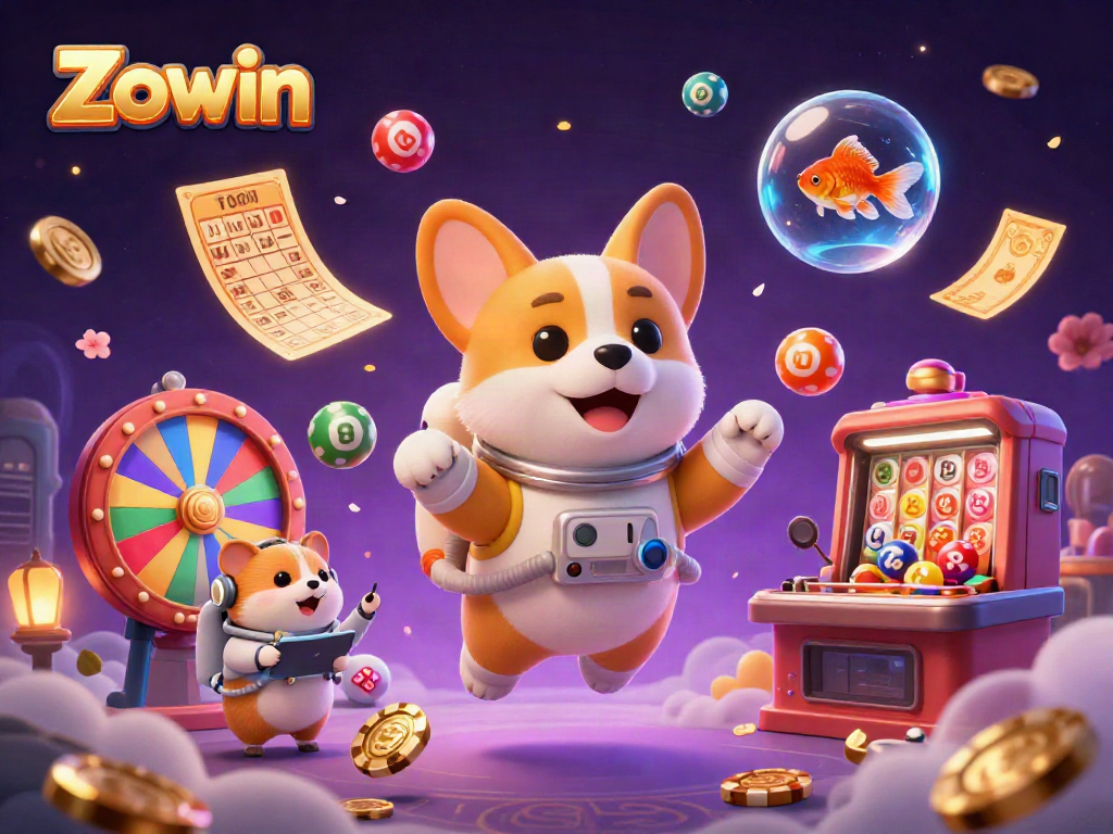 Zowin offers exciting casino gameplay with a vibrant floating casino scene featuring dynamic elements.