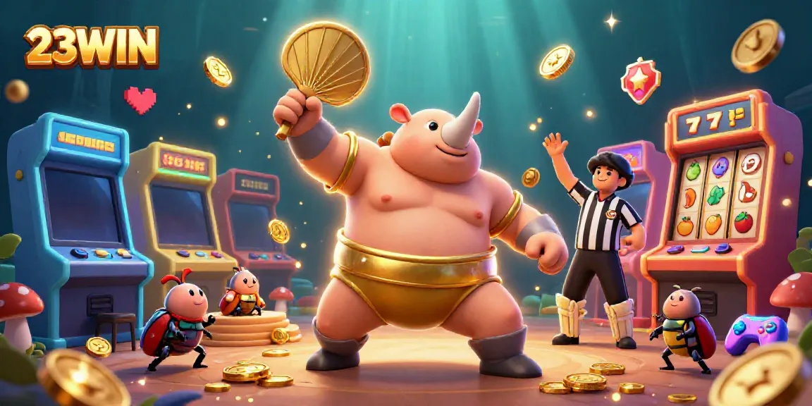 Engage in thrilling gaming action with 23WIN's enchanted casino world featuring vibrant characters and slot elements.