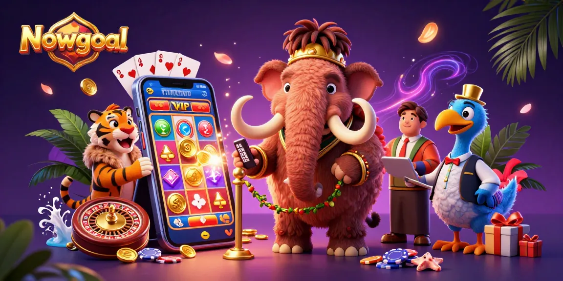Experience thrilling action at Nowgoal with a vibrant 3D scene of casino bouncers and game elements highlighting the excitement.
