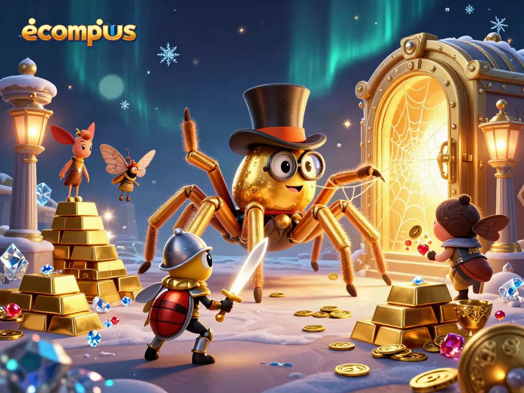 Engage with ecompus as a golden tarantula weaves magic in a dazzling casino scene.
