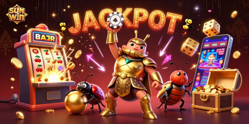 Engage in thrilling fun with sun win, as a hercules beetle celebrates victory amid a jackpot explosion!