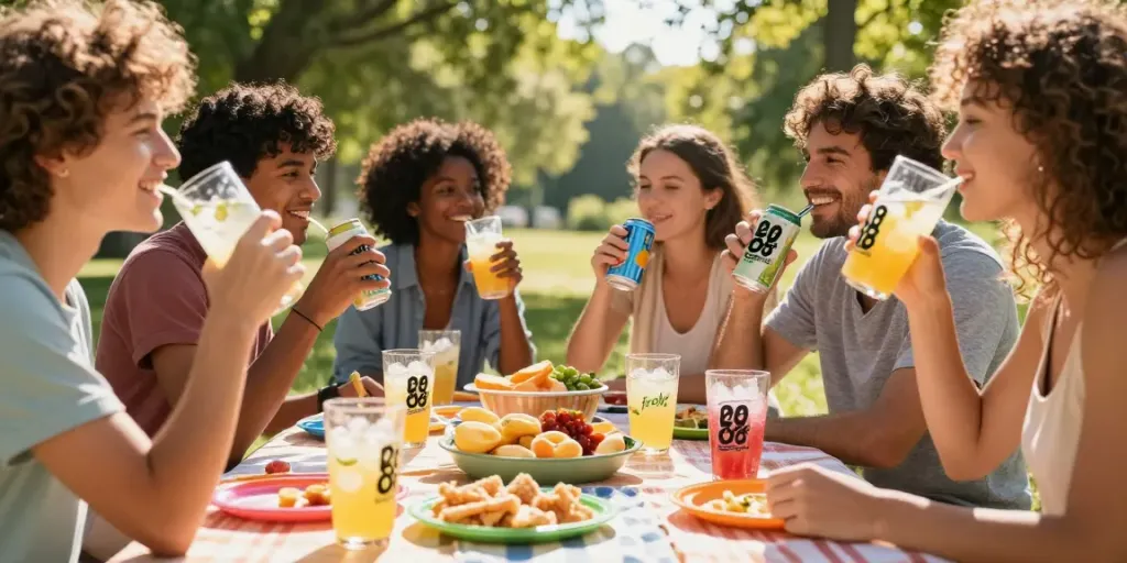 Group of friends enjoying rokok88 slot and soda drinks at a vibrant outdoor picnic.