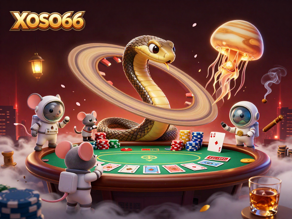 XOSO66 space-themed casino scene featuring playful astronaut mice betting on a roulette wheel made from Saturn's rings.