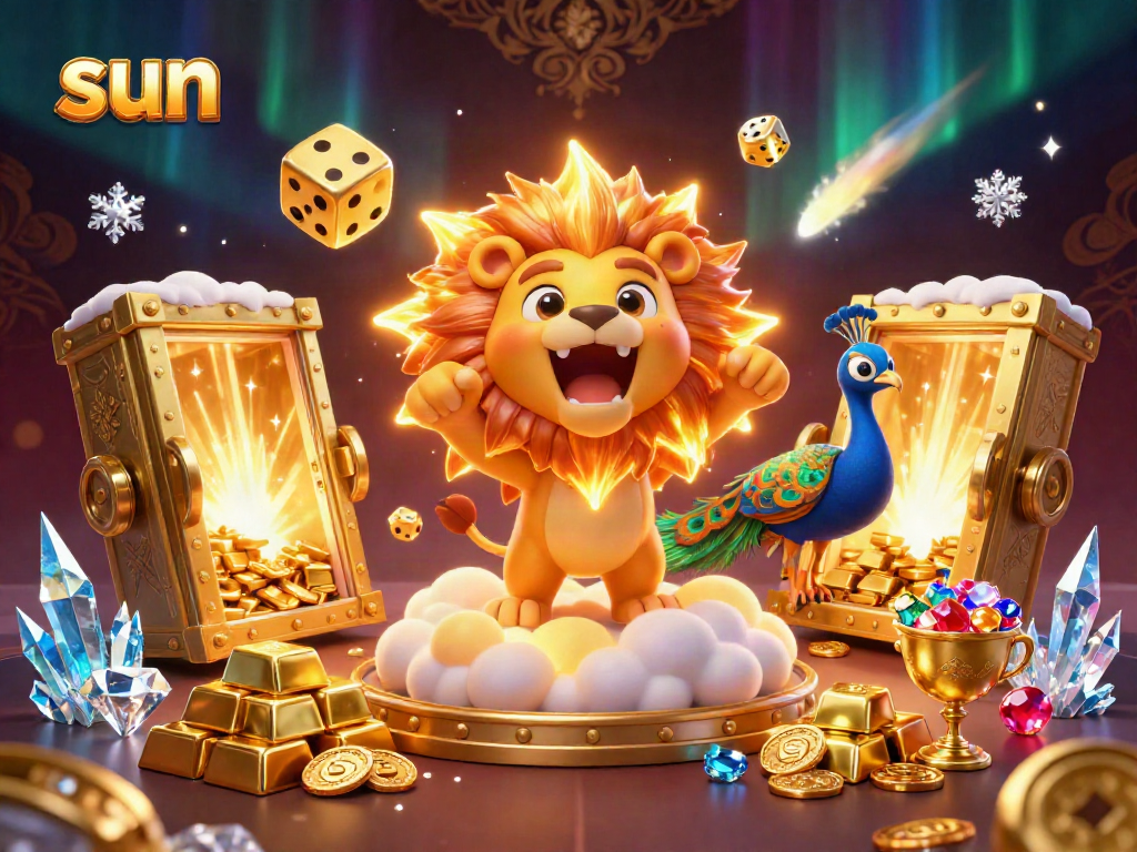 Experience thrilling wins at Sun casino with a dazzling 3D illustration of a sun lion, golden dice, and treasures.