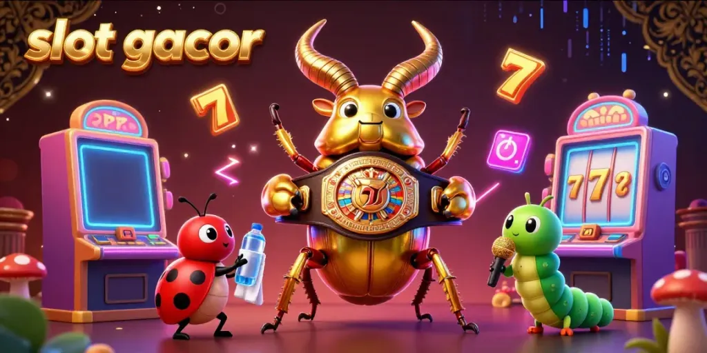 Experience the thrill of slot gacor with a quirky animated scene featuring a boxing stag beetle and playful characters.