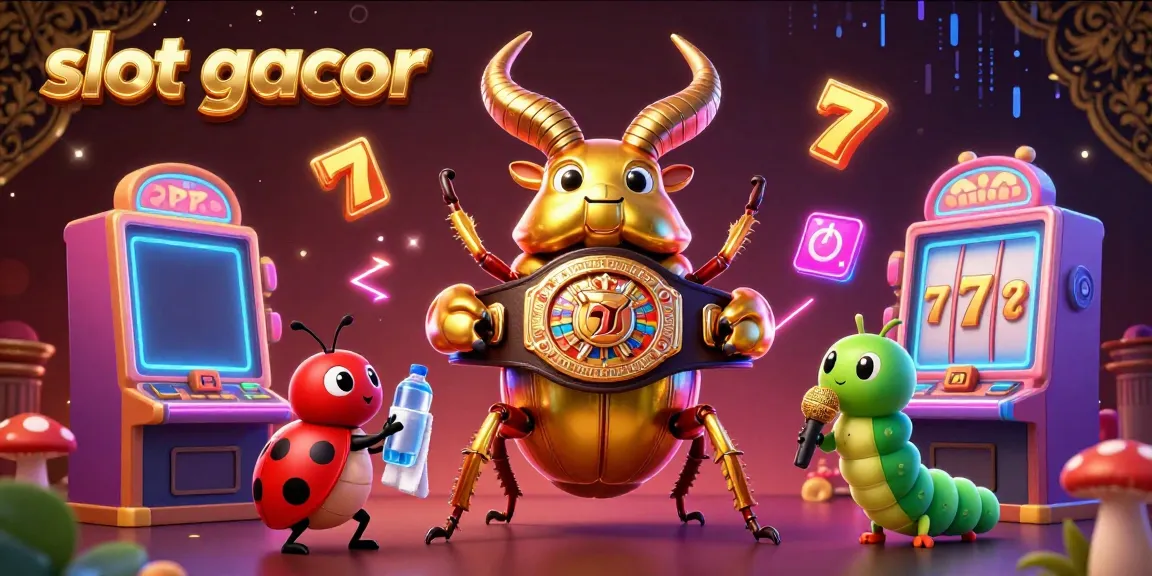 Experience the thrill of slot gacor with a quirky animated scene featuring a boxing stag beetle and playful characters.