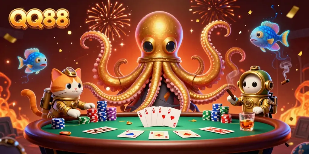 Experience thrilling poker action at QQ88 featuring a kraken, diving cat, and vibrant casino elements.