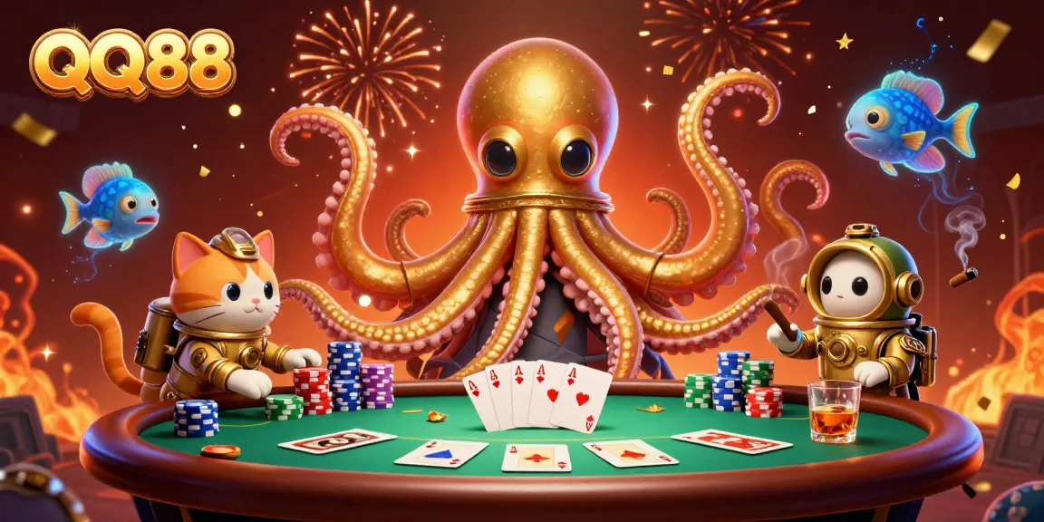 Experience thrilling poker action at QQ88 featuring a kraken, diving cat, and vibrant casino elements.