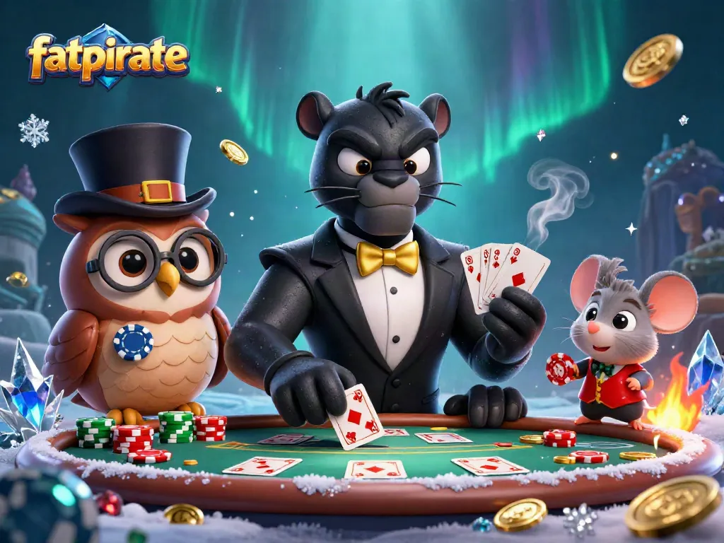 Join the fatpirate adventure at a lively poker table with vibrant characters, chips, and atmospheric effects.