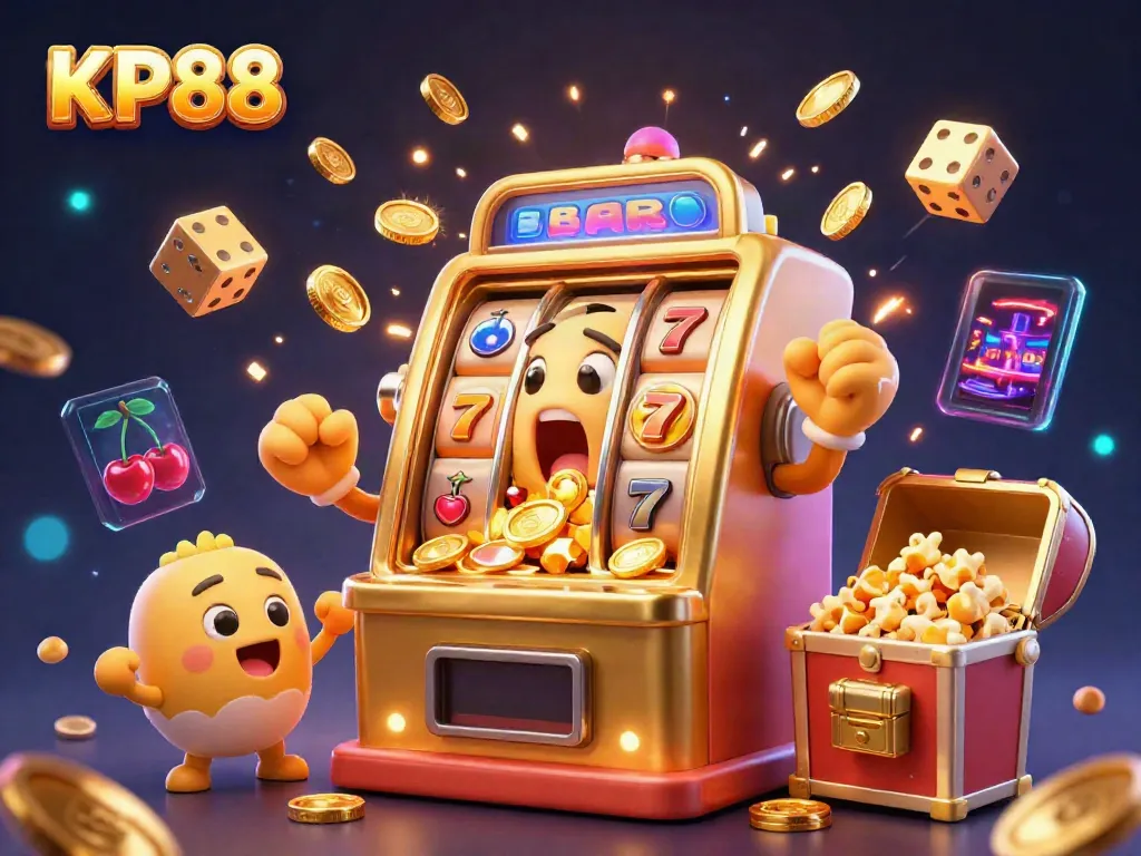 Experience the thrill of KP88 as the golden slot machine hits a jackpot, showering coins amid cheering baby slots.