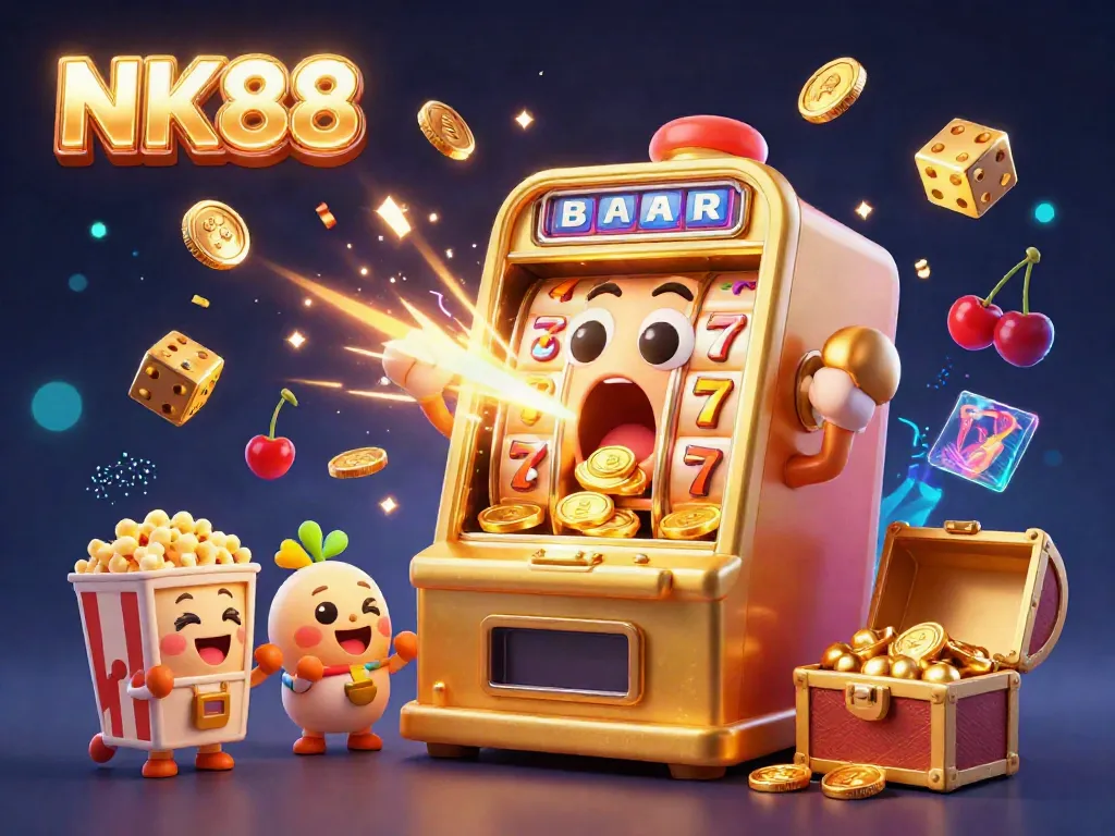 Experience the dazzling jackpot action of NK88 with animated slot machines celebrating wins in a vibrant casino scene.