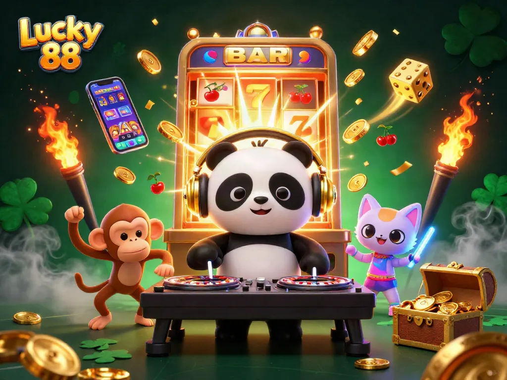 Engage in exhilarating gameplay with Lucky 88, featuring a DJ panda and vibrant casino elements.