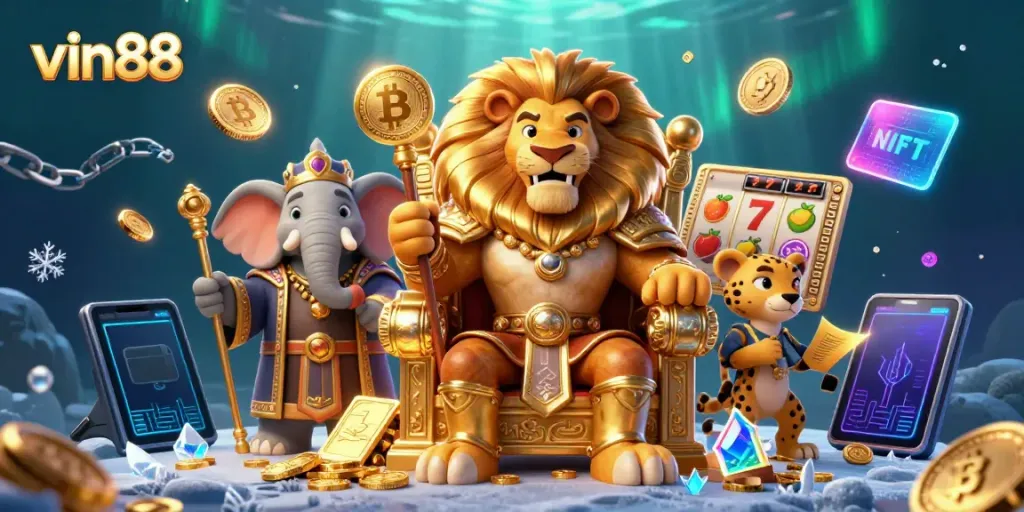 Experience thrilling gaming adventures at vin88 with a fierce lion king and vibrant casino elements.