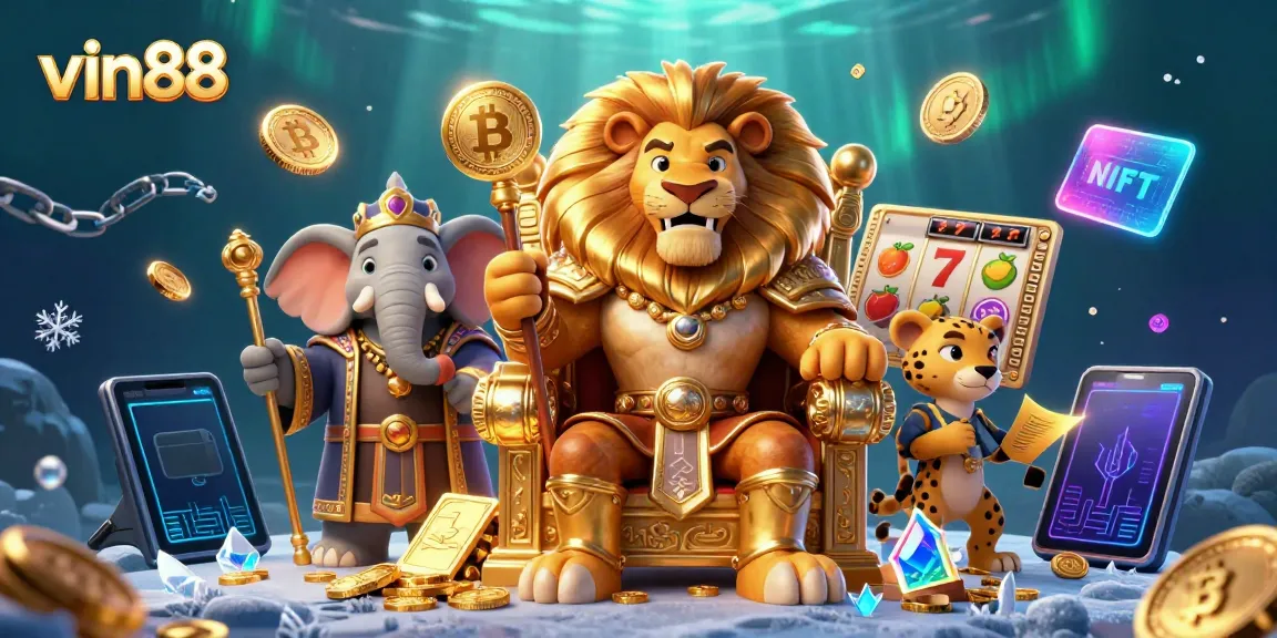 Experience thrilling gaming adventures at vin88 with a fierce lion king and vibrant casino elements.