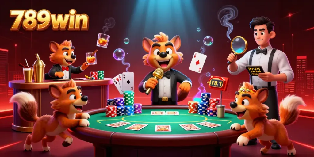 Experience the excitement of 789win in this vibrant casino scene featuring hyenas running a comedy club.