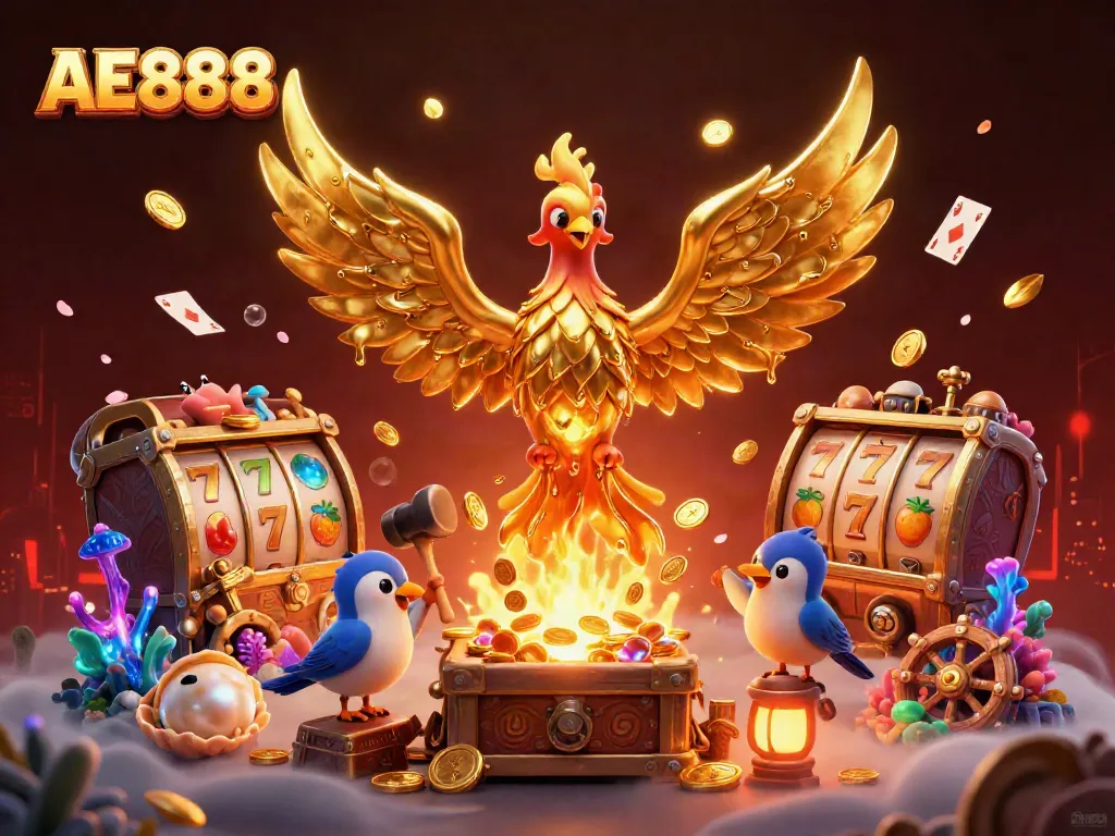 Experience the thrilling AE888 slots with golden phoenix and leaping gold coins in a vibrant casino scene.