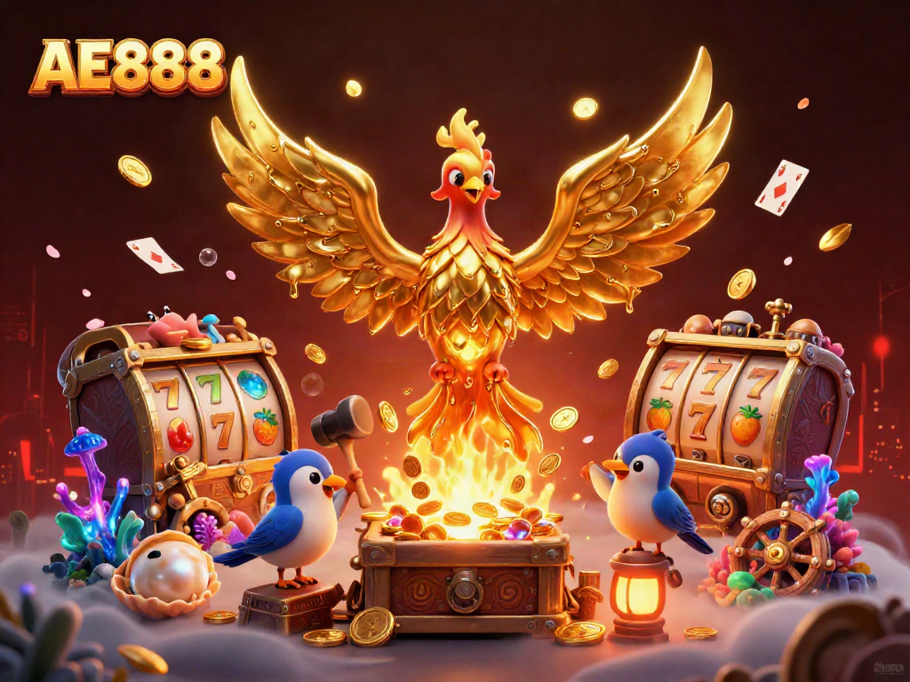 Experience the thrilling AE888 slots with golden phoenix and leaping gold coins in a vibrant casino scene.
