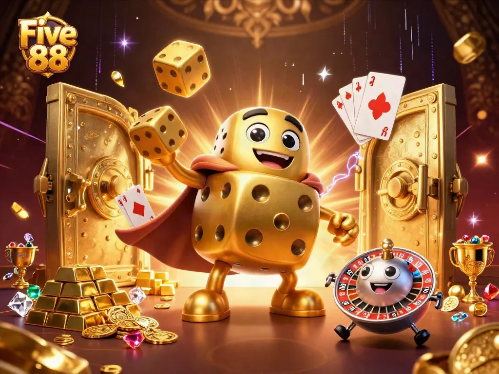 Experience thrilling gaming at Five 88 with a vibrant illustration of golden dice and casino elements.