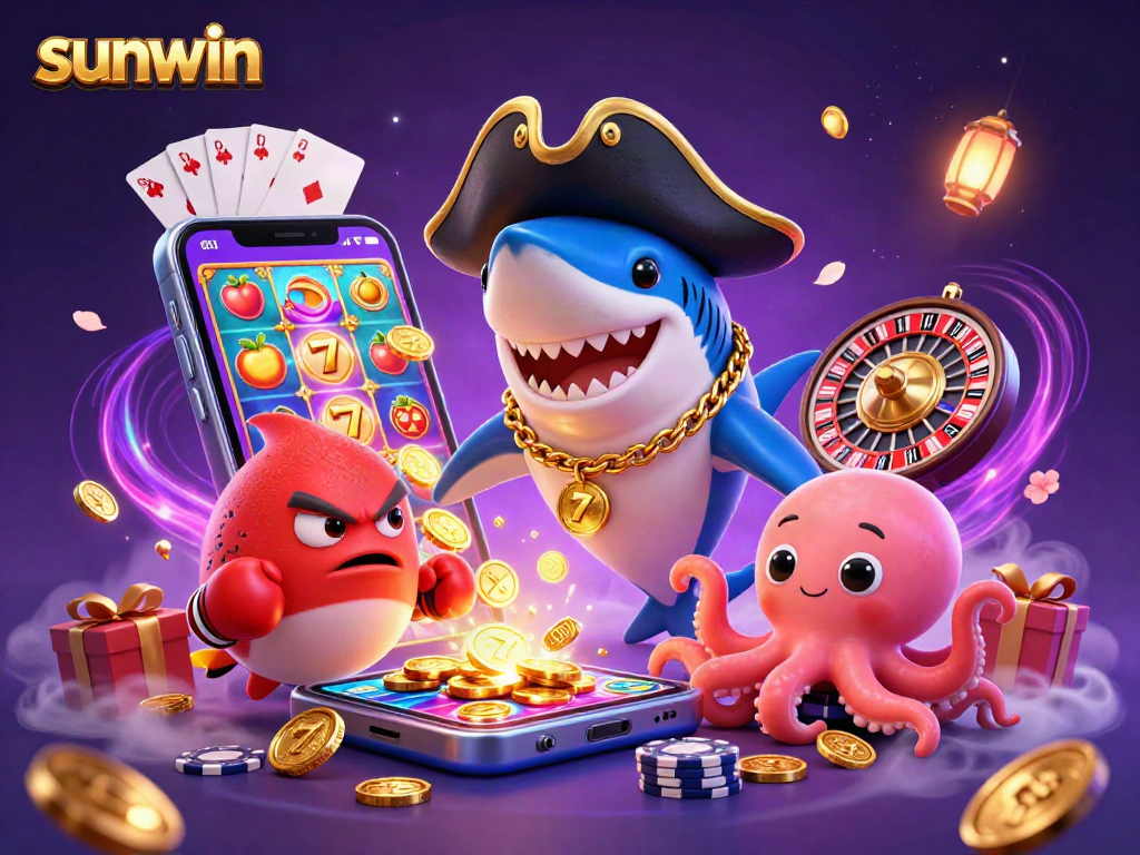 Win big at sunwin with a vibrant casino scene featuring a pirate shark and friends.