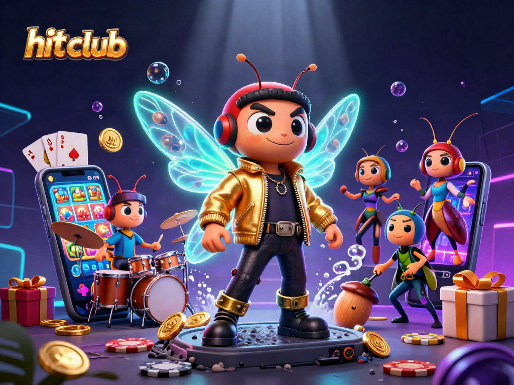 Engage with hit club's vibrant 3D casino scene featuring a rock star cicada and dynamic gaming elements.