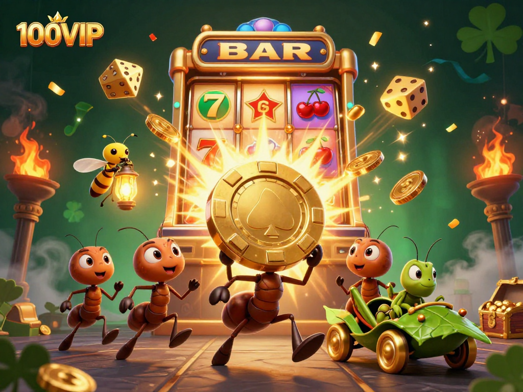 100VIP ants in a heist dynamic scene, carrying a golden poker chip amidst explosion of casino elements.