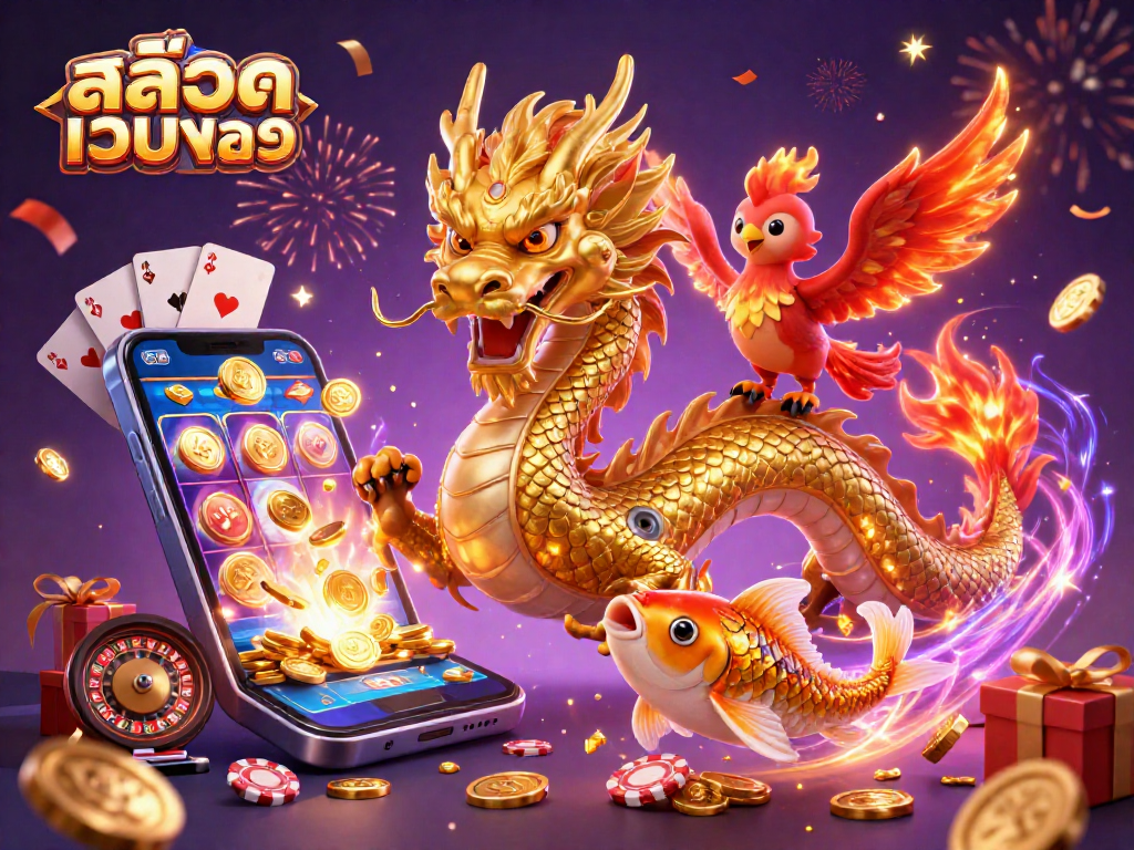 Engage in สล็อตเว็บตรง gaming excitement with a fierce dragon, phoenix, and koi fish amid dynamic casino elements.