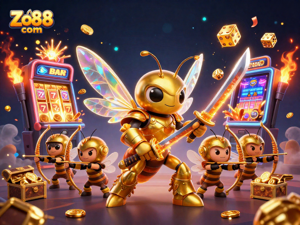 Experience the excitement at Zo88 com with a dynamic scene of slot machines and golden characters