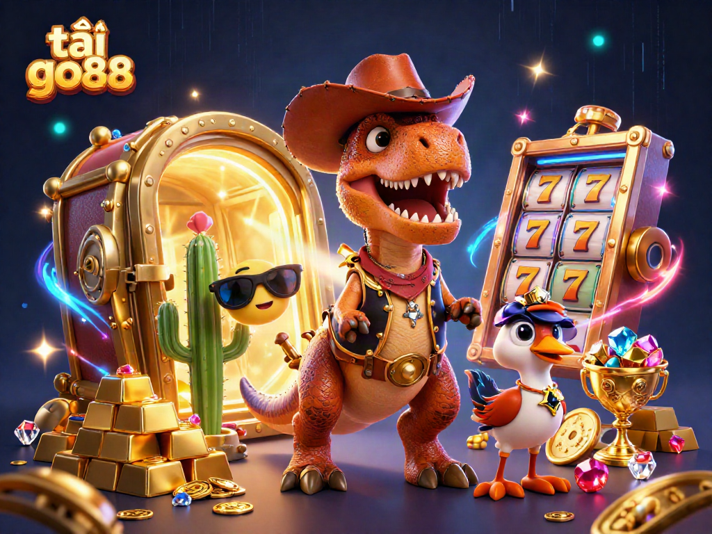 Experience thrilling slots action with tải go88 featuring a dynamic T-Rex cowboy scene.