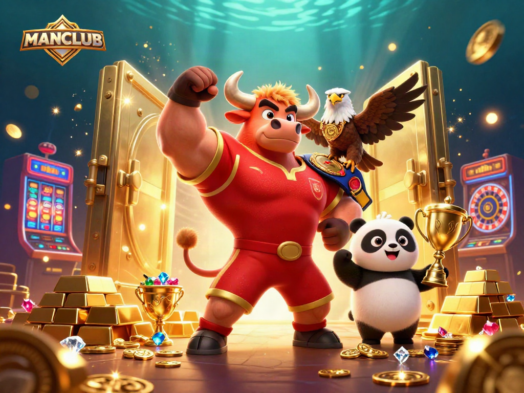 Join the excitement at MANCLUB with a lively casino scene featuring a bull mascot, eagle, and panda.