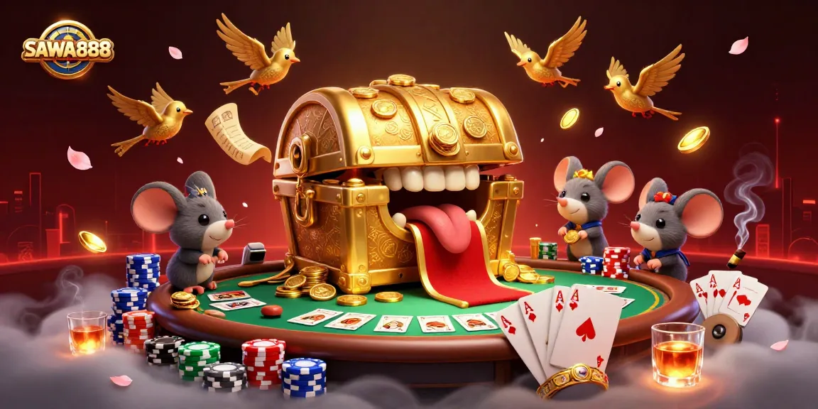 Experience the exciting SAWA888 casino adventure with captivating game elements and vibrant illustration.