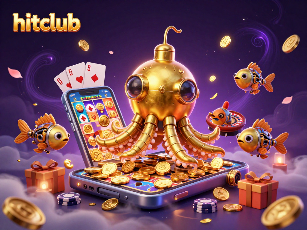 Spin colorful slot games with hitclub's golden kraken submarine and dazzling casino elements.