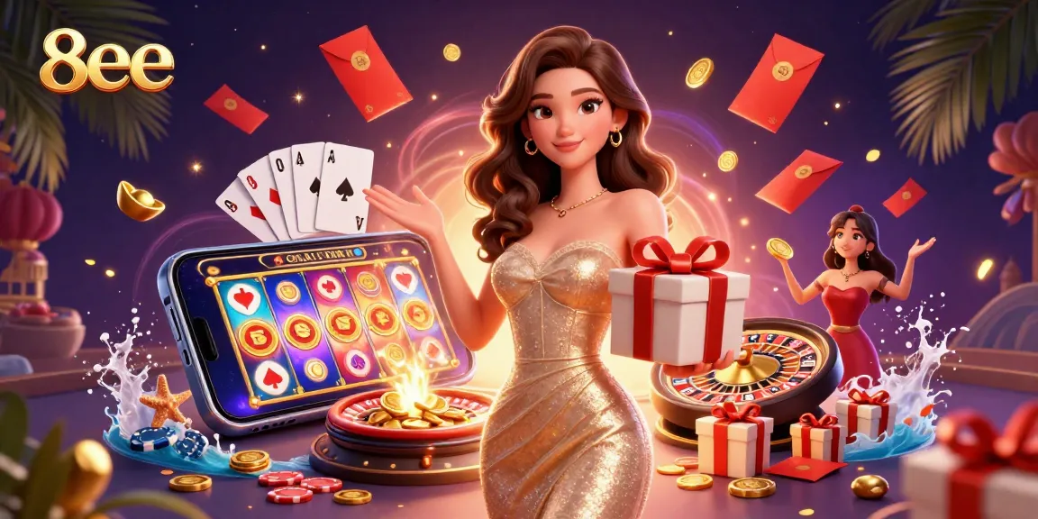 Win big with 8eee at the vibrant casino scene showcasing exciting games and dynamic elements.