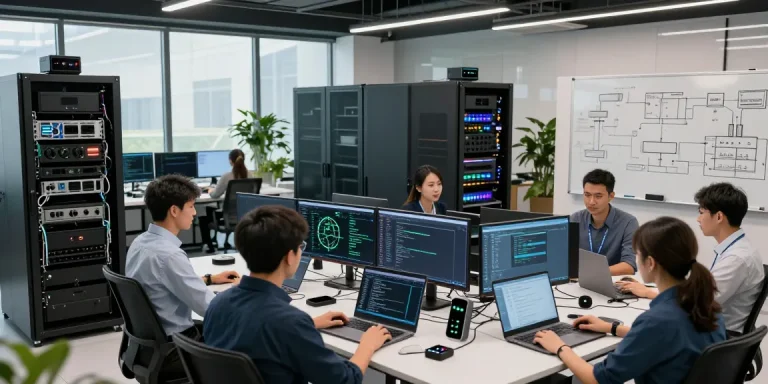 Engineers collaborating on edge computing devices in a high-tech data center with servers and analytics.
