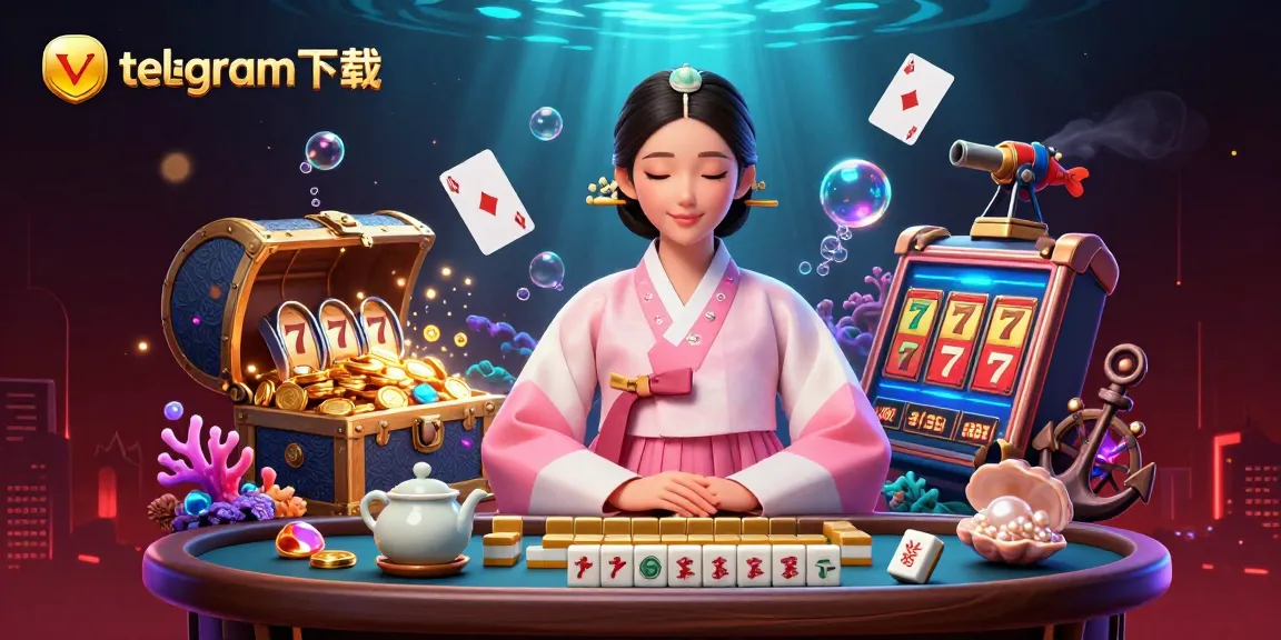在一个充满活力的赌场场景中，与telegram下载一起体验胜利，特色色彩丰富的老虎机和一位宁静的亚洲女性。