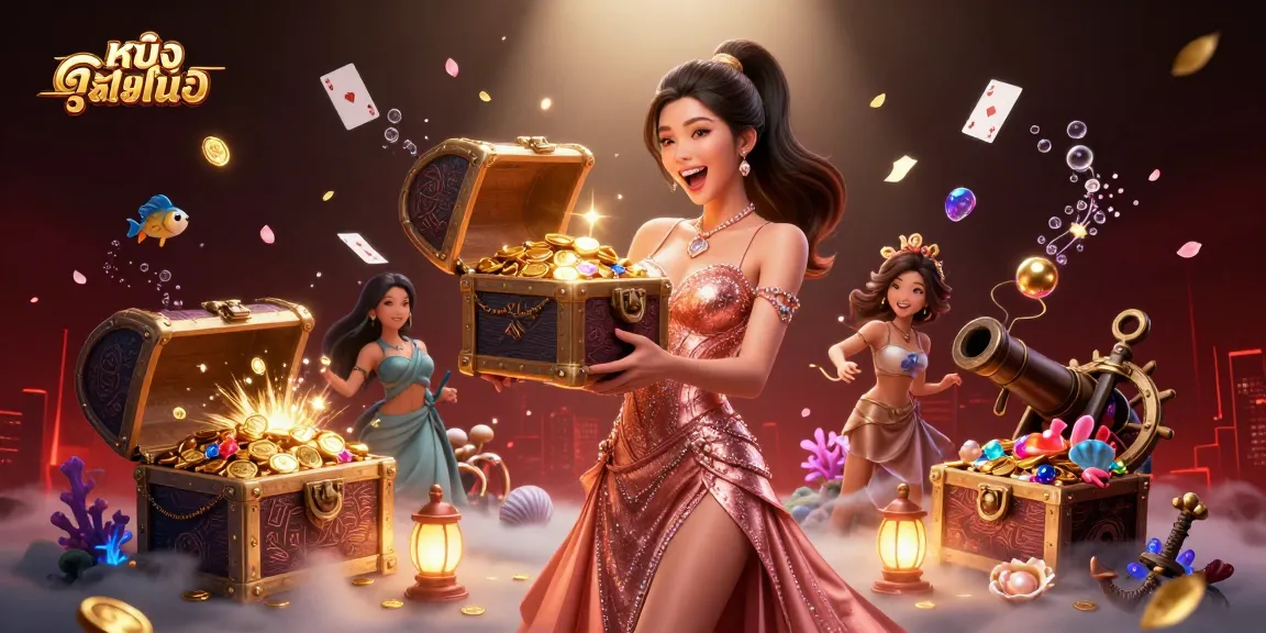 Experience ดูหนังออนไลน์ fun with a dazzling Asian woman revealing a treasure chest of wealth in a vibrant casino scene.