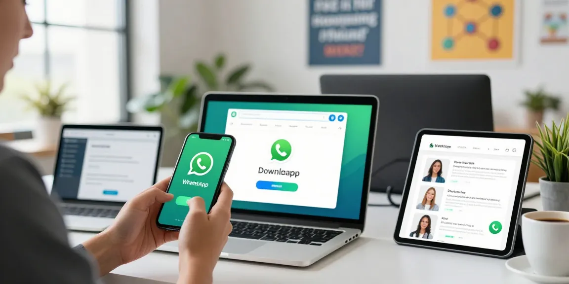 WhatsApp下載 on various devices in a modern tech workspace, showcasing seamless app integration.