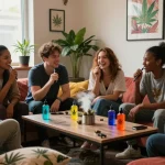 Enjoying THC vape pens in a cozy cannabis lounge with friends.