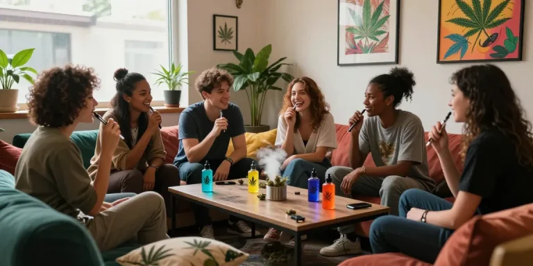 Enjoying THC vape pens in a cozy cannabis lounge with friends.