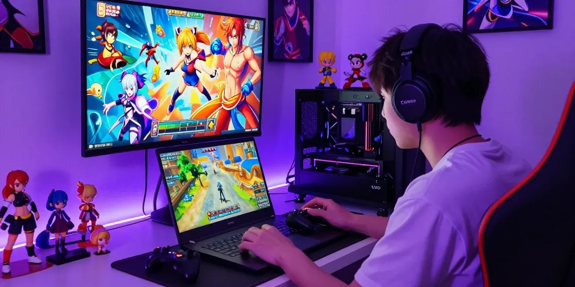 Immersive scene of a player engaged in a sissy hentai game with vibrant game artwork in the background.