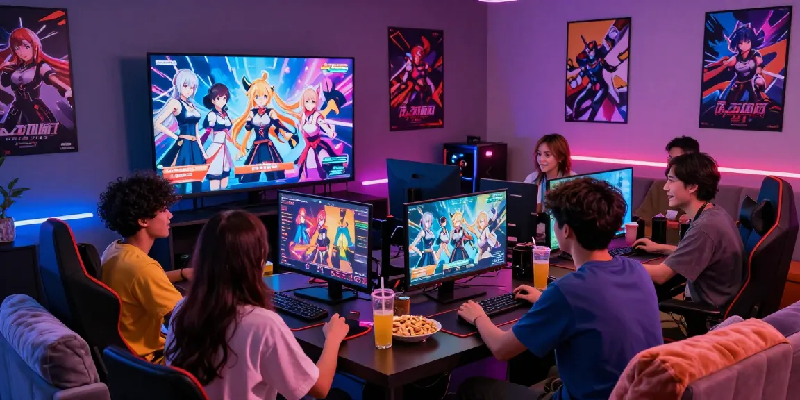 Gamers enjoying a thrilling game ecchi experience in a lively gaming lounge.
