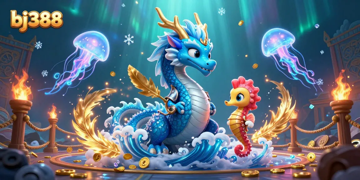 Bj388 showcases an epic underwater casino scene with a mystical dragon and knight amidst vibrant betting elements.