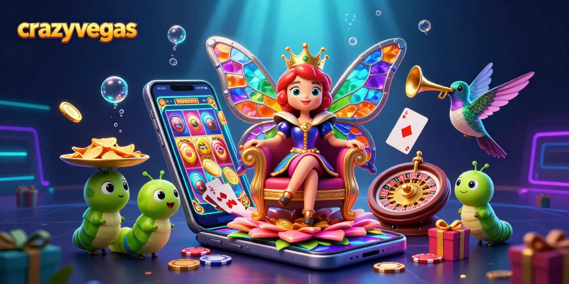 Experience thrilling gameplay at crazyvegas with a vibrant casino scene featuring colorful slot games and a butterfly queen.