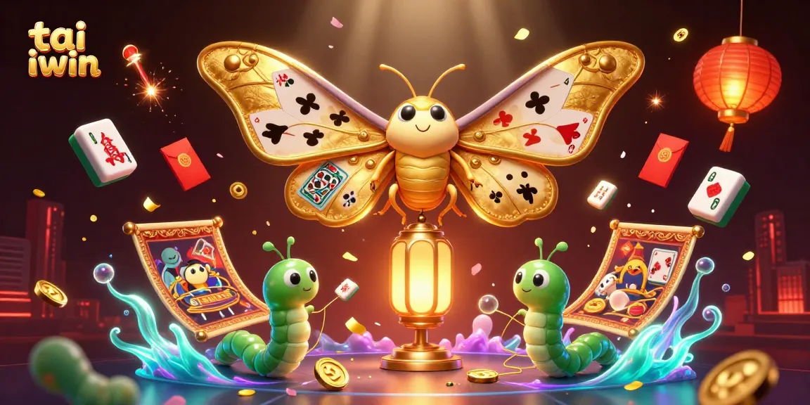 Engage with tai iwin through a vibrant illustration featuring a golden atlas moth and rich casino elements.