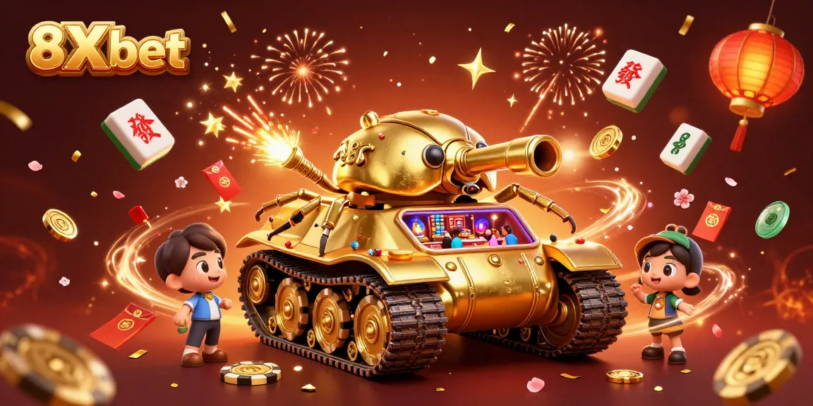 Engage with 8Xbet's lively casino experience showcasing a dynamic golden beetle tank filled with excitement and games.