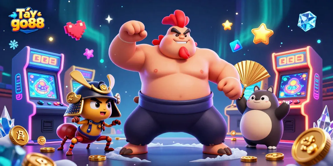Join the fun with Tải go88 as the powerful sumo rooster and fierce cricket entertain amidst vibrant gaming elements.