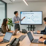 Team collaborating on business telephone systems in a modern office setting, showcasing engagement and professional atmosphere.