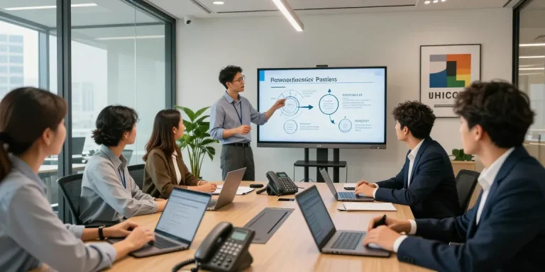 Team collaborating on business telephone systems in a modern office setting, showcasing engagement and professional atmosphere.